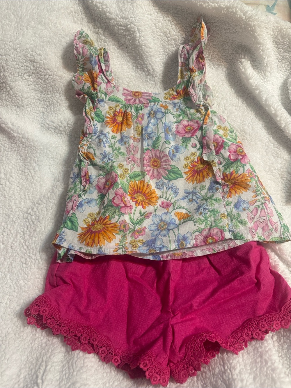 Janie and Jack White Floral Ruffle Tank with Pink Shorts